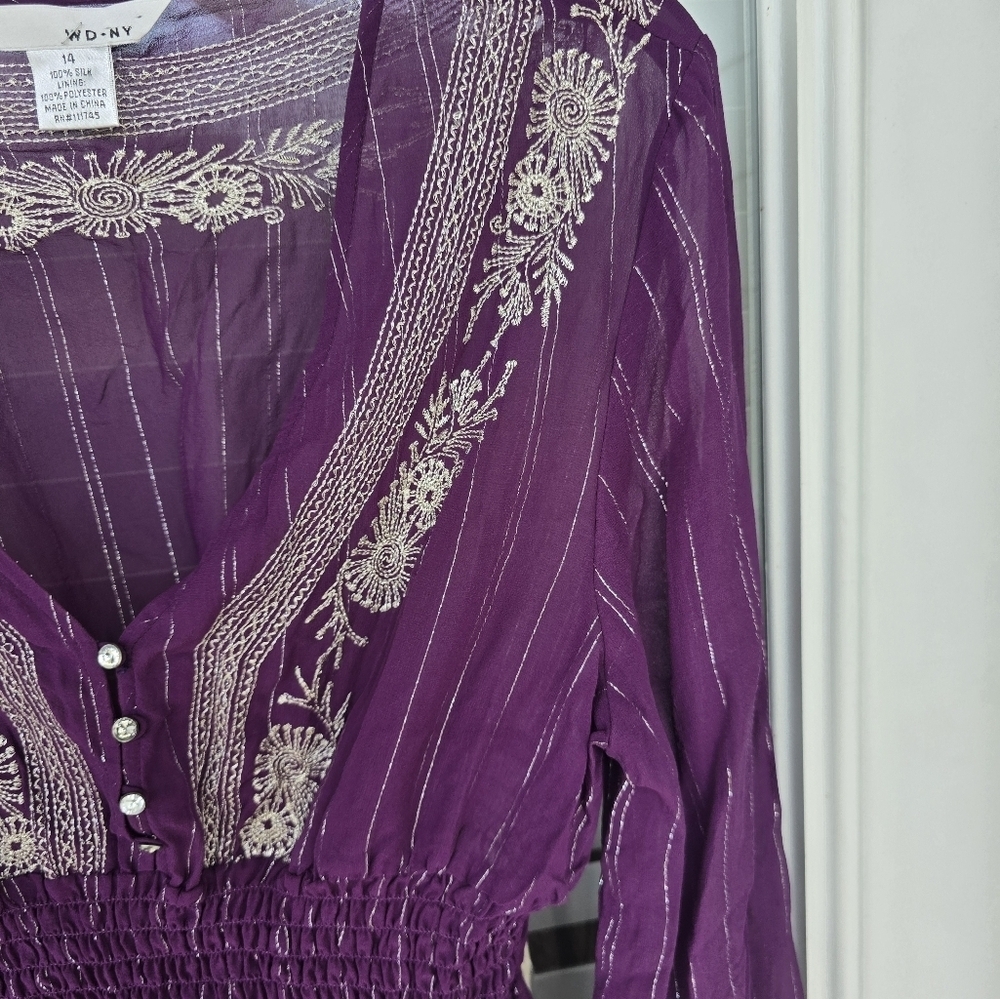 WD.NY 100% Silk Blouse Size 14 Purple Whilte Embroidered Flare Long Sleeves Y2k - Picture 8 of 14